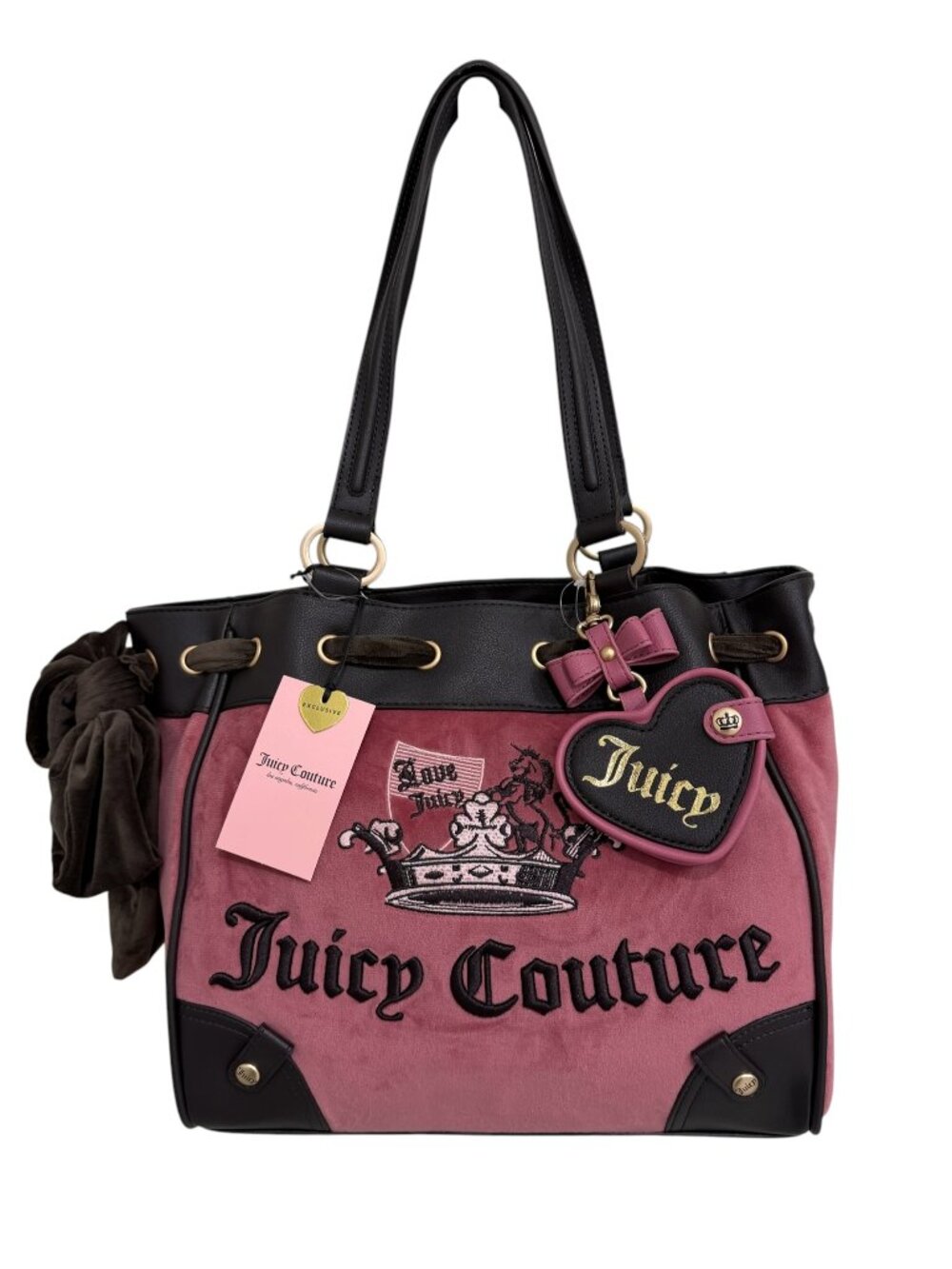 Juicy Couture Chateau Rose Crown Velour Tote w Brown Bow Heart Charm Mirror NWT